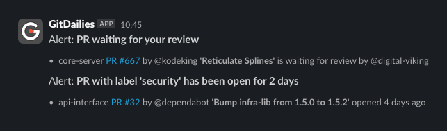 List of custom alerts for GitHub activity