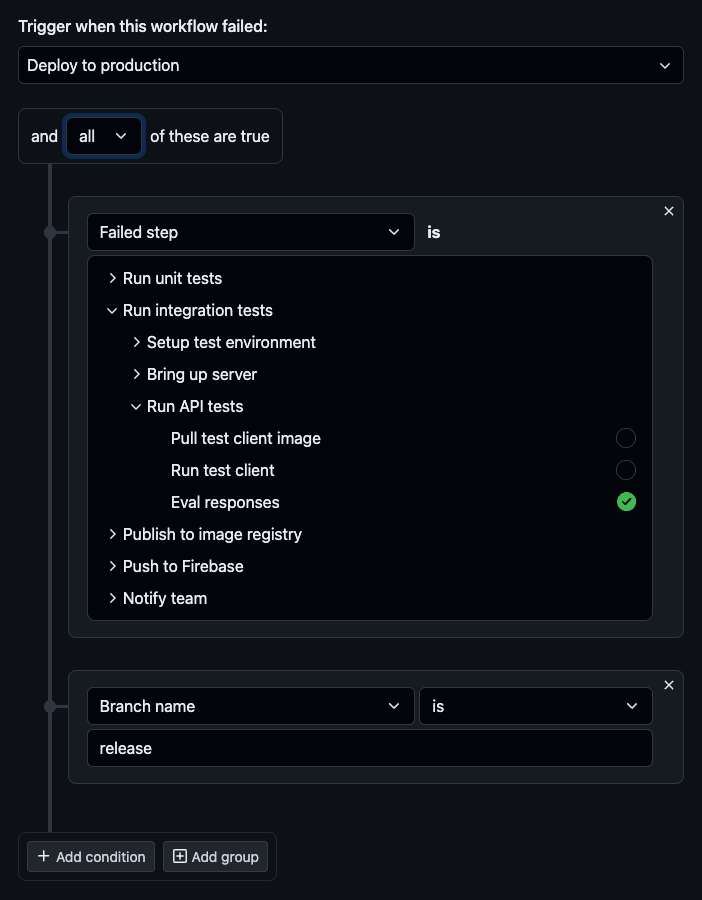Screenshot of adding custom condition for GitHub Actions alert