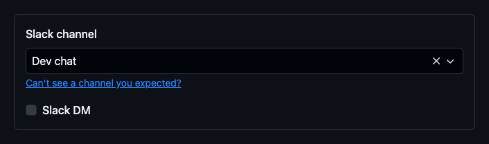 Screenshot of picking Slack channel or DM for GitHub Actions alert