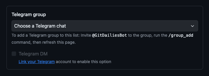 Screenshot of picking Telegram chat or DM for GitHub Actions alert