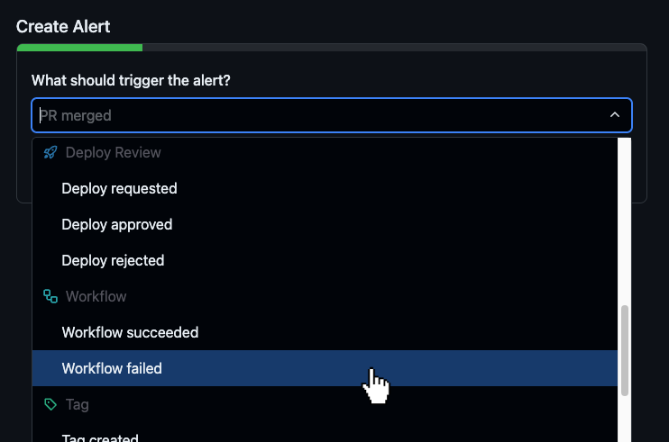 Screenshot of picking trigger for GitHub Actions alert