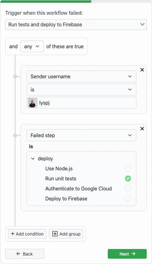 Screenshot of adding custom condition for GitHub Actions alert