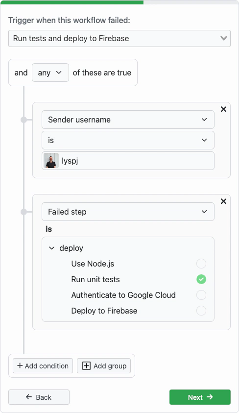 Screenshot of adding custom condition for GitHub Actions alert
