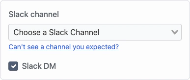 Screenshot of picking Slack channel or DM for GitHub Actions alert