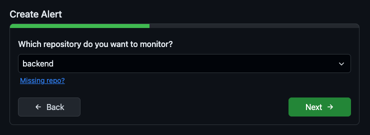 Screenshot of picking repository for GitHub Actions alert
