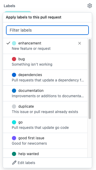 Screenshot of picking a new label for a pull request in GitHub