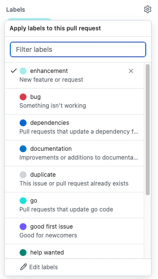 Screenshot of picking a new label for a pull request in GitHub