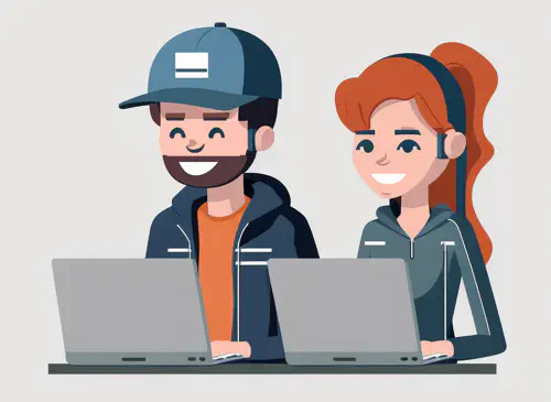 Illustration of a man and a woman sitting at their laptops writing code
