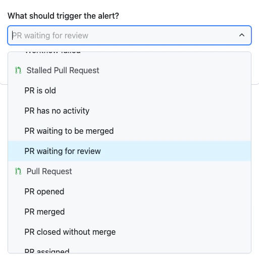 Screenshot of Alert trigger menu in GitDailies