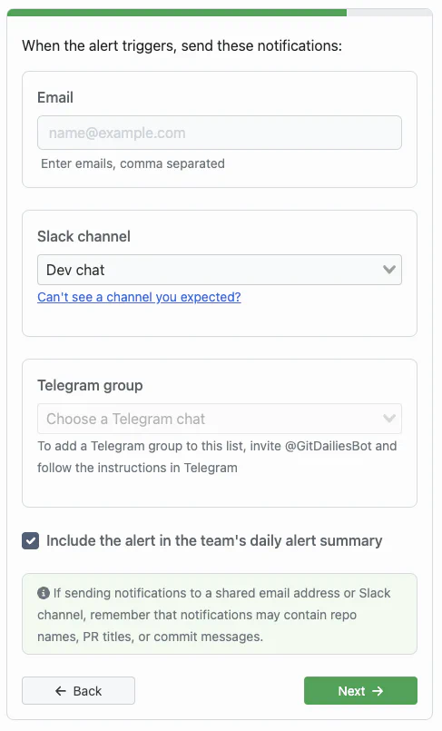 Screenshot of Alert notifications in GitDailies