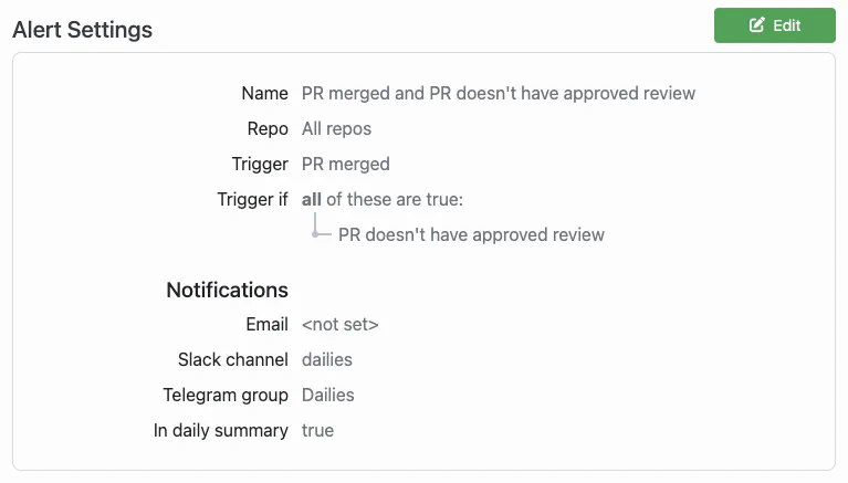 Screenshot of an Alert's settings in GitDailies