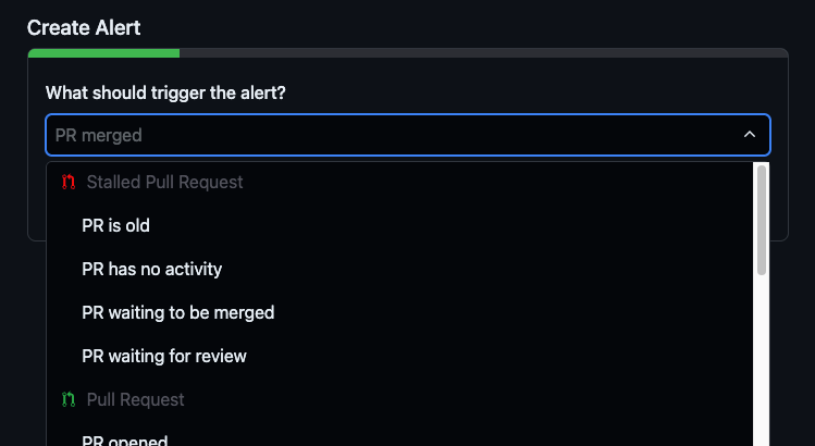 Screenshot of Alert trigger menu in GitDailies