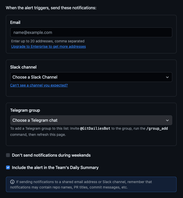 Screenshot of Alert notifications in GitDailies