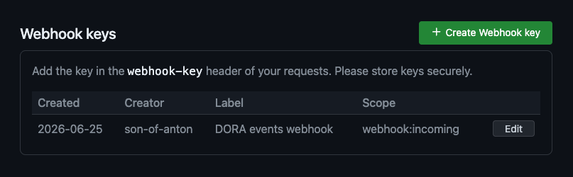Screenshot of managing webhook keys