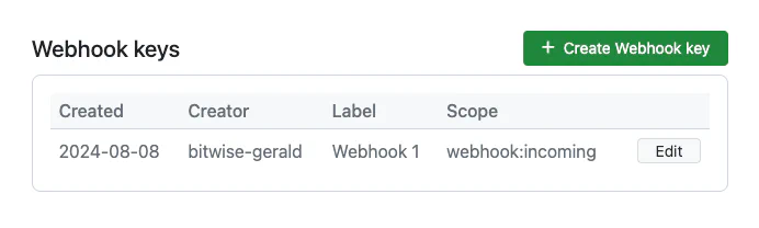 Screenshot of managing webhook keys