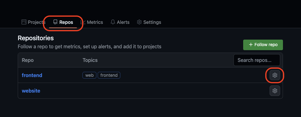 Screenshot of repo settings access
