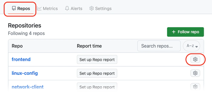 Screenshot of repo settings access