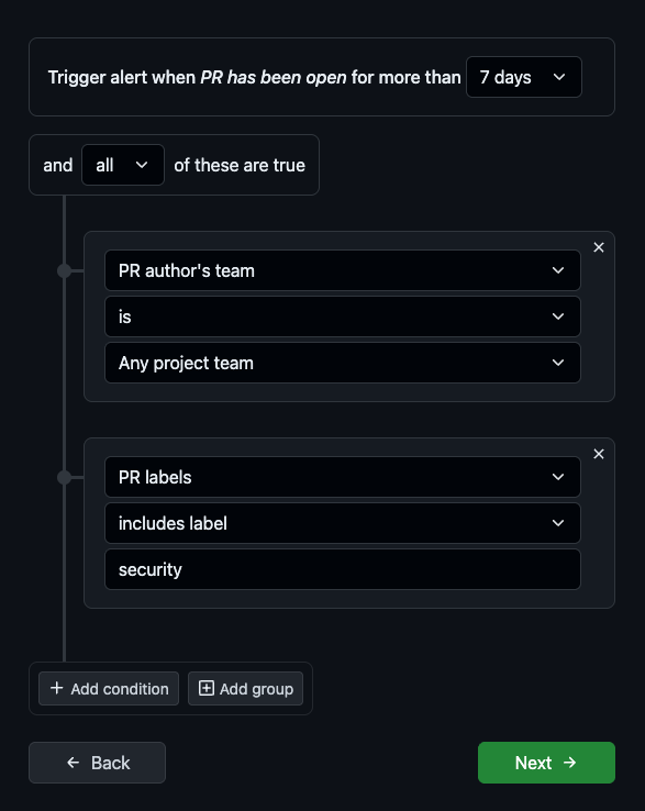 Screenshot of a Project Alert expression using the Project Repos and Project Teams