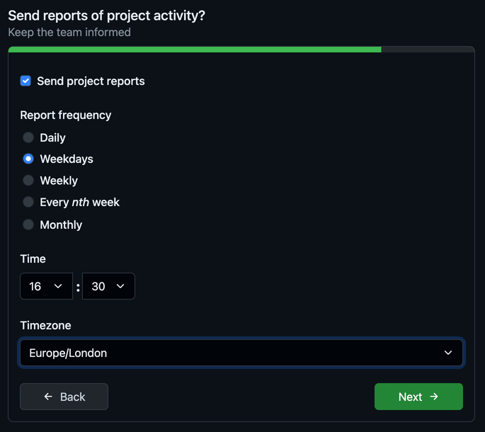 Choose project activity report frequency