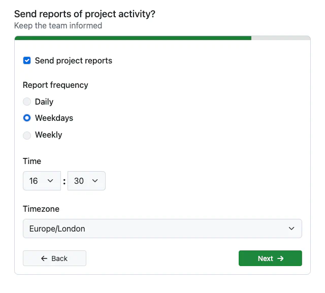 Choose project activity report frequency