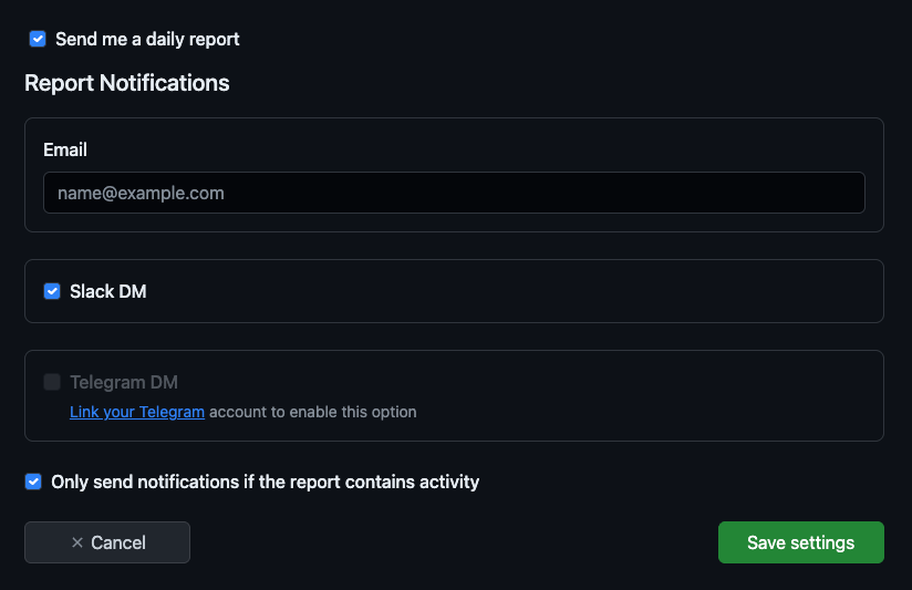 Screenshot of Daily Summary notifications settings in GitDailies
