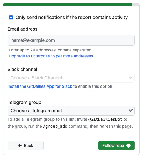 Choose report notifications, Email, Slack, Telegram