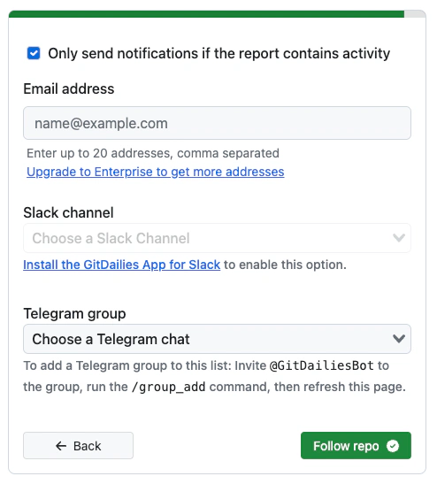 Choose report notifications, Email, Slack, Telegram