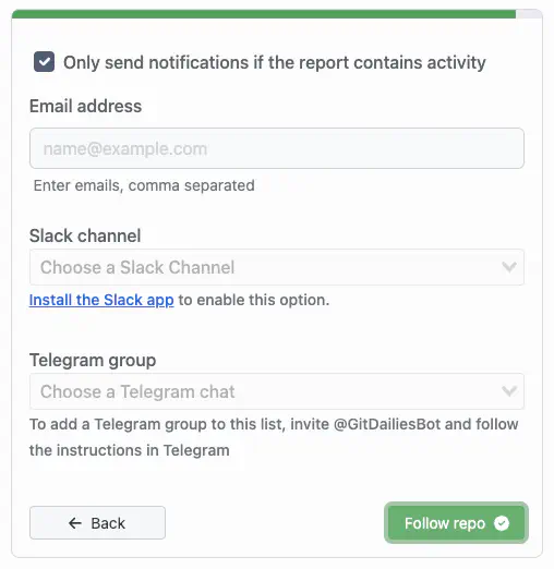 Choose report notifications, Email, Slack, Telegram