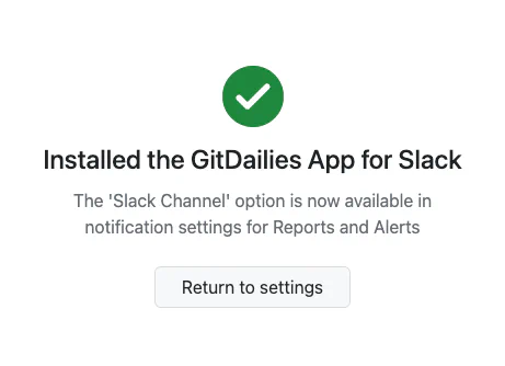 Screenshot of GitDailies App for Slack success