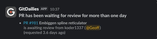Slack alert notification @mentioning a user whose review has been requested on a pull request