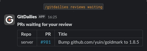 Slack showing the GitDailies slash commands help message listing the available commands